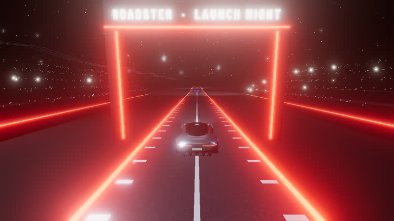 The Roadster lifting off on its thrusters under a neon gate