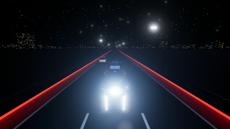 The Roadster hovering over a night highway with traffic ahead